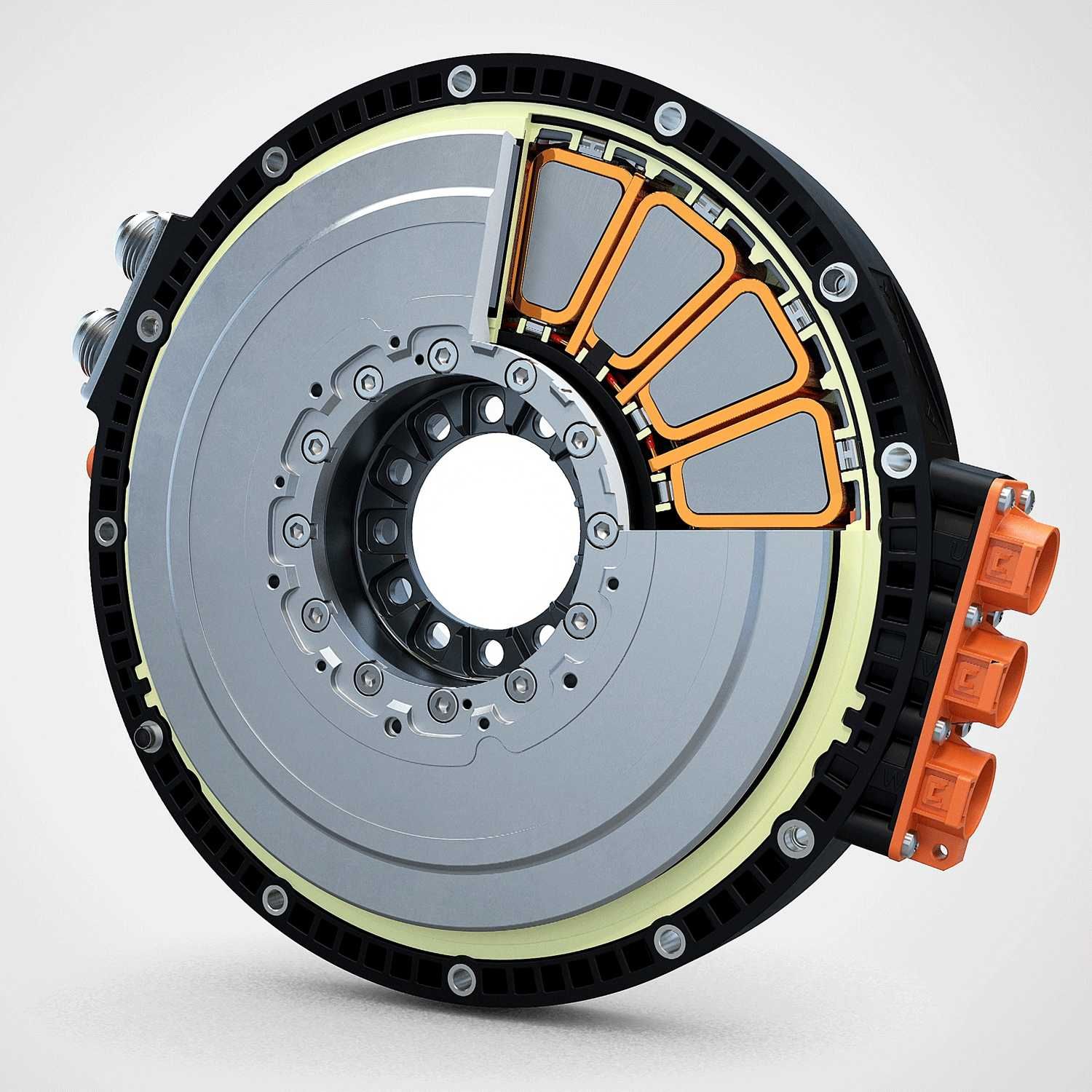 Detailed cutaway view of an axial flux electric motor, showcasing its internal design for electric aircraft propulsion