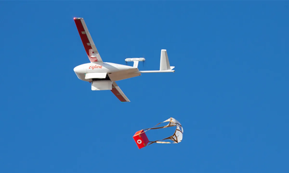 ZipLine drone delivering medical supplies in Rawanda