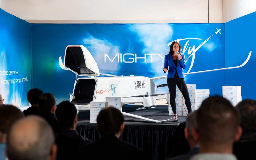 Manal Habib, the founder of MightyFly, speaks at an event about the company’s third-generation autonomous aircraft, the Cento