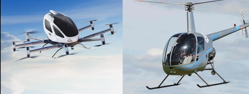 The Future Takes Flight: Comparing the EHang EH216-S eVTOL and the Robinson R22 Helicopter.